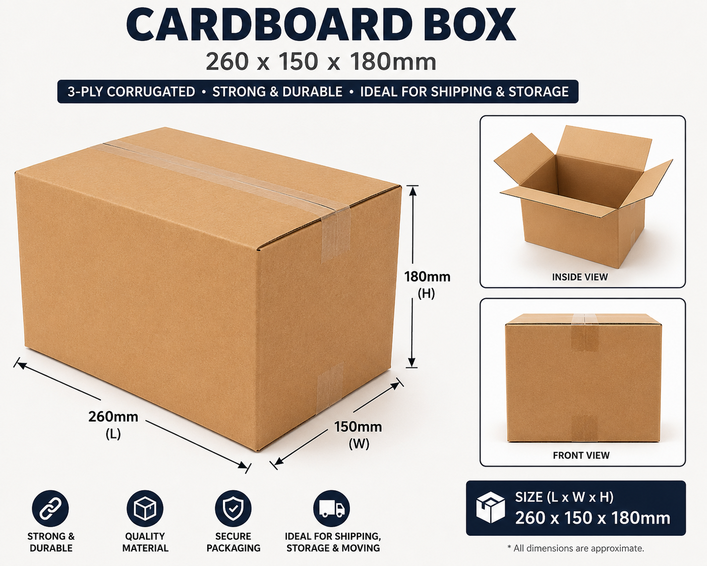 260 × 150 × 180 mm Corrugated Mailer Box – 1 Carton of 60 Pieces | Brown Shipping & Packaging Boxes (1 Carton, 60pcs, Wholesale)