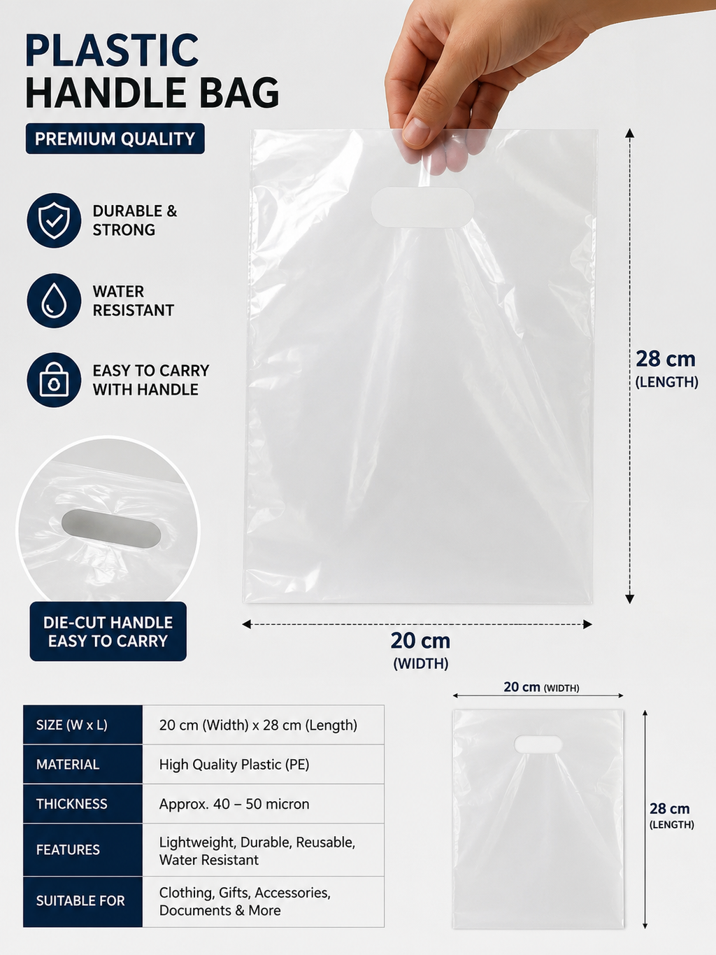 Clear Polyester Plastic Bags with Handle – 20 × 28 cm | 100 Pieces per Bundle | Transparent Packaging Bags